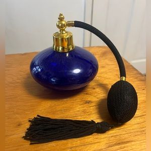 Vintage Cobalt Blue Art Glass Perfume Bottle With Gold Accents & Black Atomizer